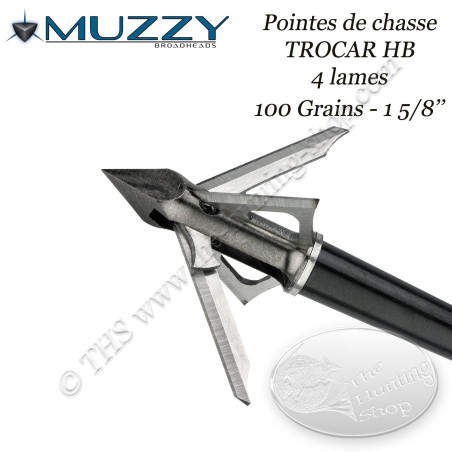 MUZZY Trocar HB Hybride Pointes de chasse à 2 lames fixes et 2 lames mobiles 100 grains - Ouverte