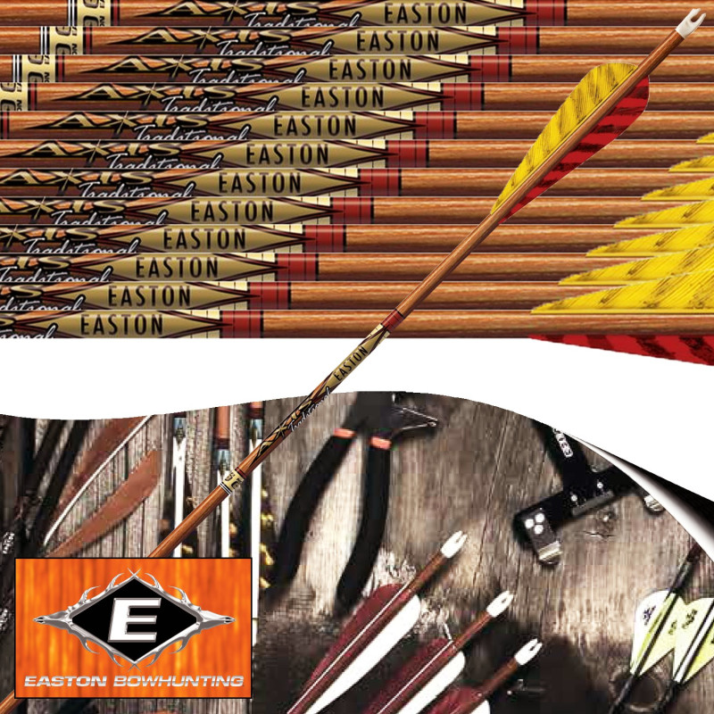 EASTON Flechas de caza y tiro Axis Traditional 3D de carbono imitación madera emplumadas con plumas naturales