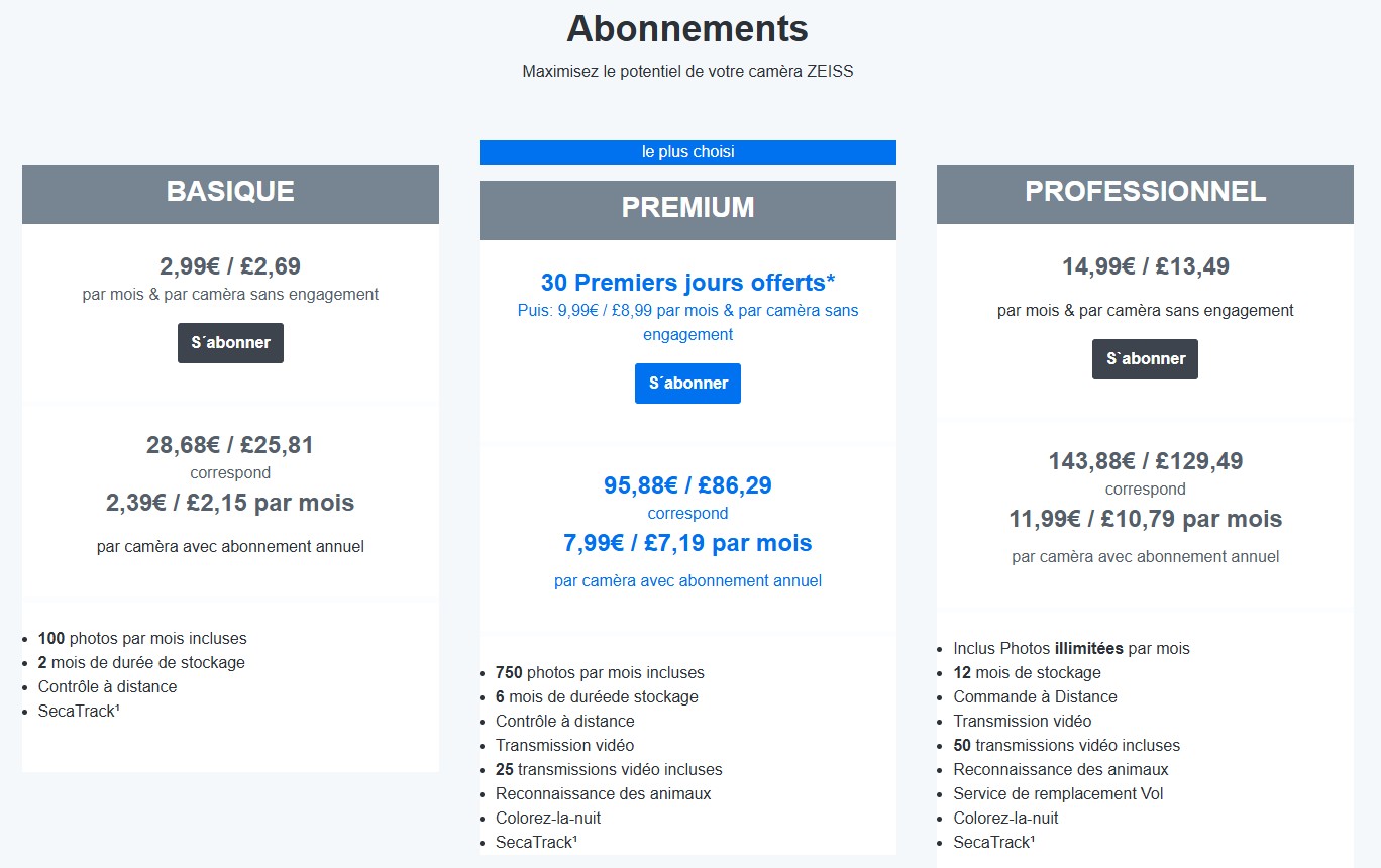 Offres d'abonnements pour la ZEISS Secacam 7